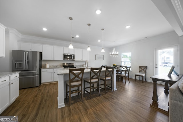 22 Mossy Oaks Ln NE, Rome, GA 30165 - kitchen featuring appliances with stainless steel finishes, white cabinetry, dark wood-style floors, crown molding, and recessed lighting