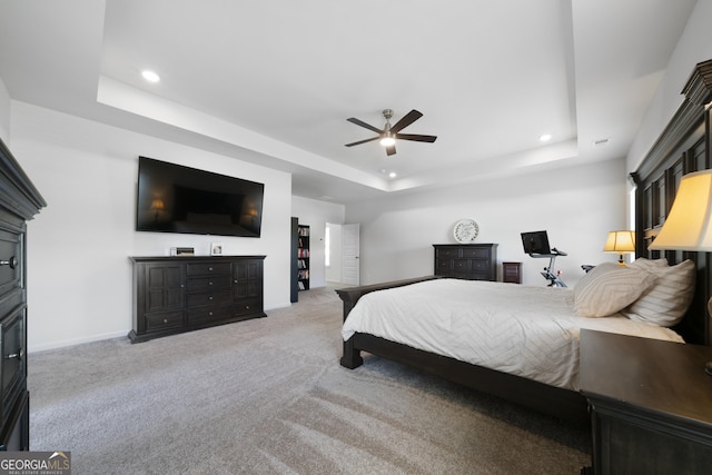 22 Mossy Oaks Ln NE, Rome, GA 30165 - bedroom featuring a raised ceiling, light colored carpet, recessed lighting, and a ceiling fan