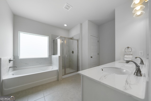 22 Mossy Oaks Ln NE, Rome, GA 30165 - bathroom featuring a bath, tile patterned floors, a shower stall, and double vanity