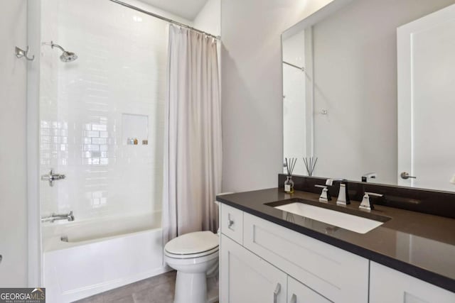 6815 Halcyon Way, Alpharetta, GA 30005 - full bath with vanity, toilet, shower / bathtub combination with curtain, and tile patterned flooring