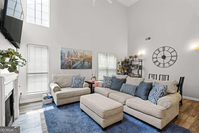 2061 Pinnacle Pointe Dr, Norcross, GA 30071 - living room with a high ceiling, wood finished floors, healthy amount of natural light, baseboards, and crown molding