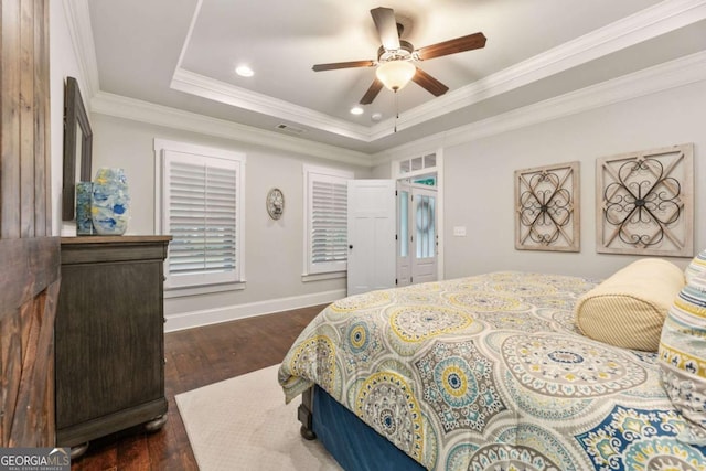 505 Parkview Dr, Milton, GA 30004 - bedroom featuring a tray ceiling, dark wood-type flooring, ornamental molding, baseboards, and recessed lighting