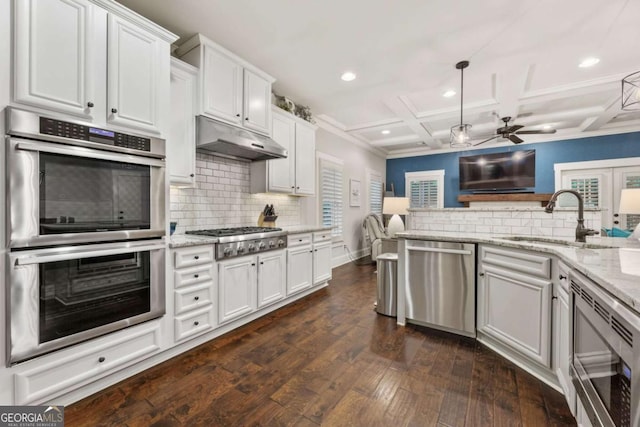 505 Parkview Dr, Milton, GA 30004 - kitchen featuring stainless steel appliances, under cabinet range hood, a sink, recessed lighting, and dark wood finished floors