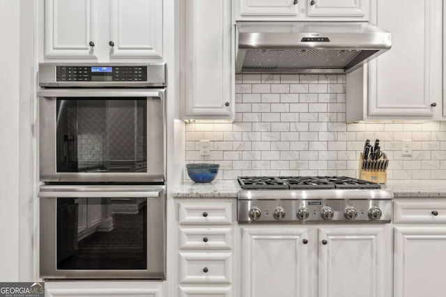 505 Parkview Dr, Milton, GA 30004 - kitchen with appliances with stainless steel finishes, under cabinet range hood, white cabinetry, and tasteful backsplash