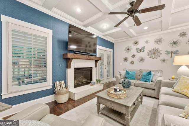 505 Parkview Dr, Milton, GA 30004 - living area featuring wood finished floors, ceiling fan, a brick fireplace, crown molding, and coffered ceiling