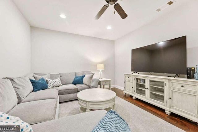 505 Parkview Dr, Milton, GA 30004 - living area with dark wood-style flooring, a ceiling fan, recessed lighting, and baseboards