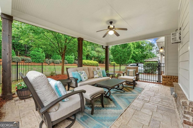 505 Parkview Dr, Milton, GA 30004 - fenced backyard featuring an outdoor living space, a ceiling fan, and a patio area