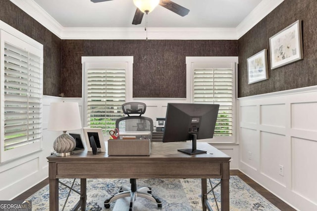 505 Parkview Dr, Milton, GA 30004 - office with plenty of natural light, a ceiling fan, crown molding, dark wood finished floors, and a decorative wall