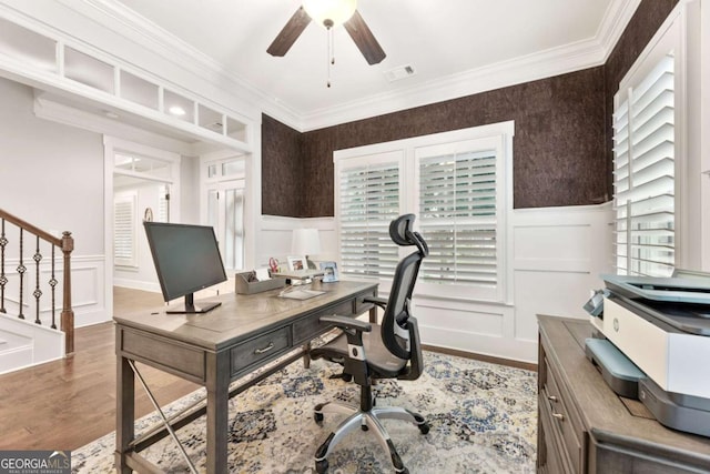 505 Parkview Dr, Milton, GA 30004 - office area with a decorative wall, wood finished floors, ceiling fan, wainscoting, and crown molding