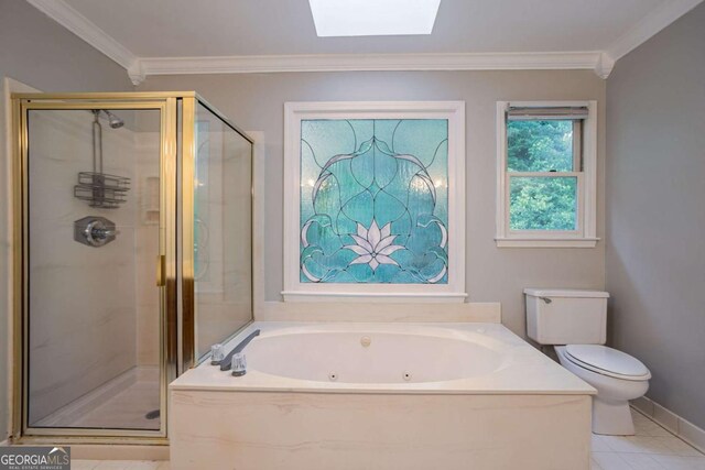 214 Jamestown Ave, Jonesboro, GA 30236 - bathroom featuring a skylight, a stall shower, a jetted tub, and crown molding