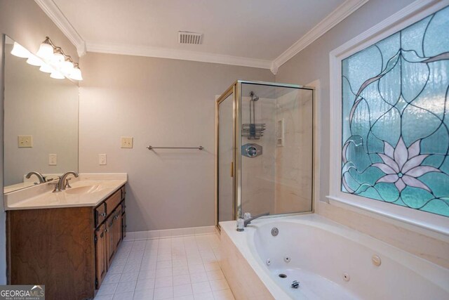 214 Jamestown Ave, Jonesboro, GA 30236 - full bath with vanity, a shower stall, a whirlpool tub, crown molding, and tile patterned flooring