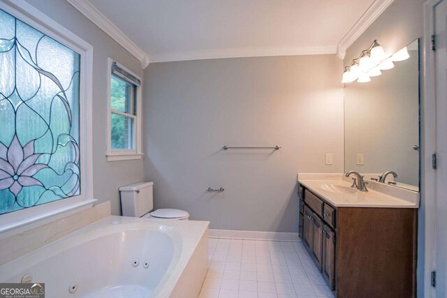 214 Jamestown Ave, Jonesboro, GA 30236 - bathroom with vanity, a tub with jets, crown molding, and tile patterned floors
