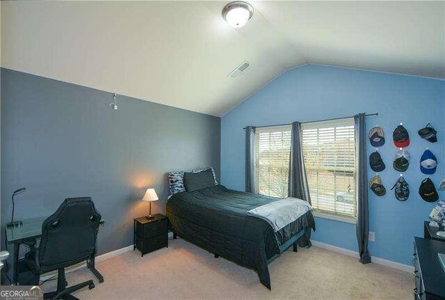 1480 Waverly Glen Dr, Alpharetta, GA 30004 - bedroom featuring vaulted ceiling, light colored carpet, and a desk