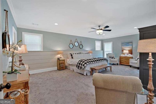 511 Etris Ct, Roswell, GA 30075 - bedroom with crown molding, carpet, wainscoting, a ceiling fan, and recessed lighting