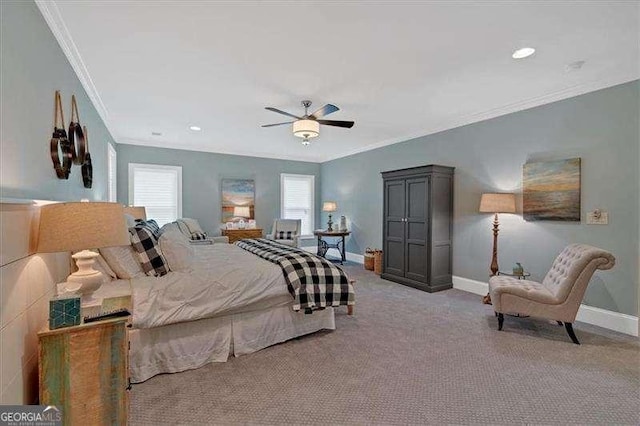 511 Etris Ct, Roswell, GA 30075 - bedroom featuring light carpet, crown molding, baseboards, ceiling fan, and recessed lighting