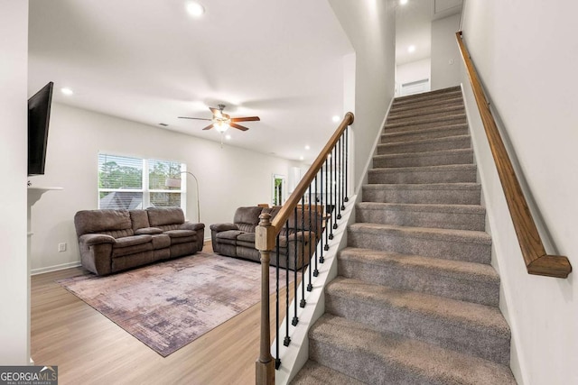228 Whitneys Way, Dallas, GA 30157 - stairway featuring wood finished floors, a ceiling fan, and recessed lighting