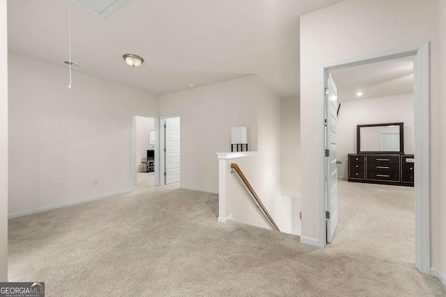 228 Whitneys Way, Dallas, GA 30157 - corridor featuring an upstairs landing, light colored carpet, and attic access