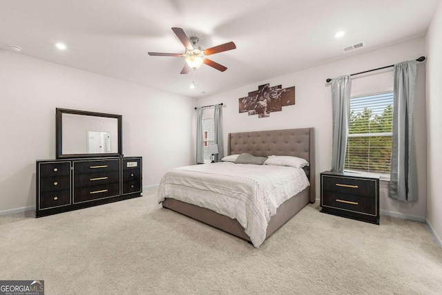 228 Whitneys Way, Dallas, GA 30157 - bedroom featuring light colored carpet, ceiling fan, and recessed lighting