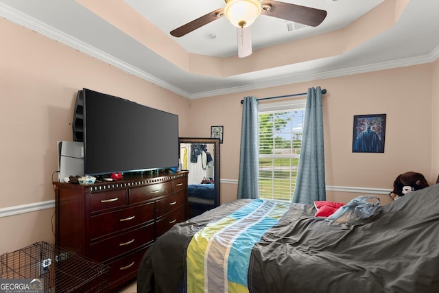8436 Cyprus Ridge Way, Douglasville, GA 30134 - bedroom with a raised ceiling, crown molding, and a ceiling fan