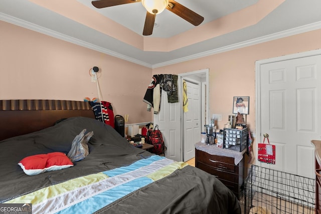 8436 Cyprus Ridge Way, Douglasville, GA 30134 - bedroom with a tray ceiling, crown molding, and ceiling fan