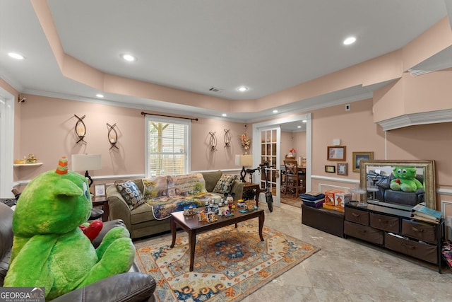 8436 Cyprus Ridge Way, Douglasville, GA 30134 - living room with a raised ceiling, recessed lighting, ornamental molding, and wainscoting