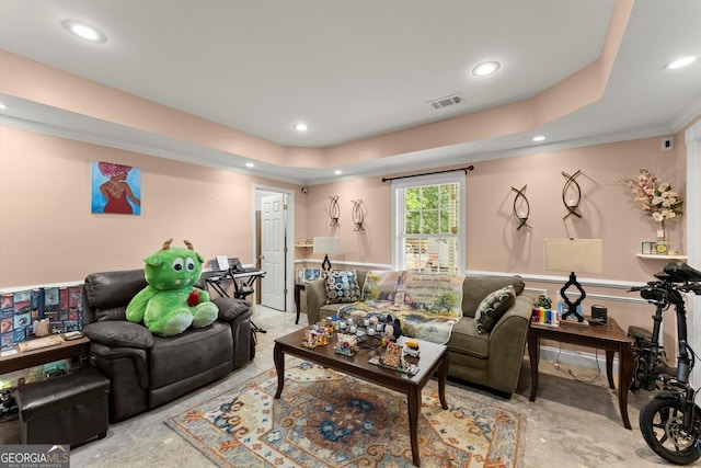 8436 Cyprus Ridge Way, Douglasville, GA 30134 - living area with recessed lighting, crown molding, and a tray ceiling