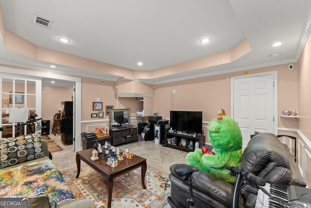 8436 Cyprus Ridge Way, Douglasville, GA 30134 - living room featuring recessed lighting, crown molding, and a raised ceiling