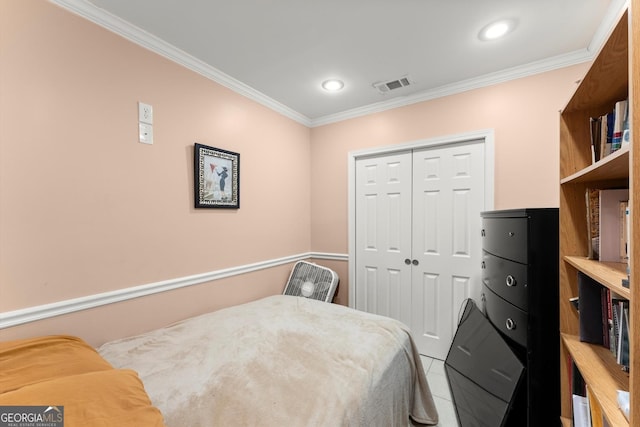 8436 Cyprus Ridge Way, Douglasville, GA 30134 - bedroom with ornamental molding, a closet, recessed lighting, and light tile patterned floors