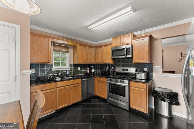 8436 Cyprus Ridge Way, Douglasville, GA 30134 - kitchen featuring stainless steel appliances, dark countertops, crown molding, tasteful backsplash, and a sink