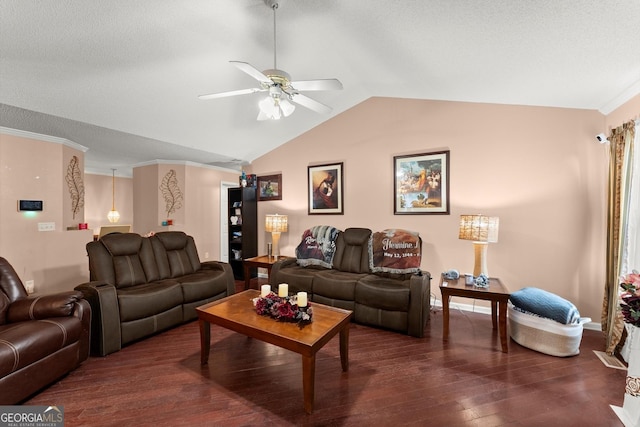 8436 Cyprus Ridge Way, Douglasville, GA 30134 - living room featuring a ceiling fan, dark wood-type flooring, and vaulted ceiling