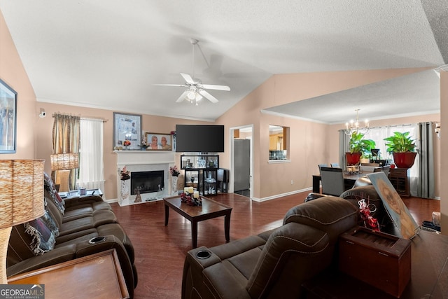 8436 Cyprus Ridge Way, Douglasville, GA 30134 - living room with lofted ceiling, baseboards, ceiling fan, wood finished floors, and a chandelier