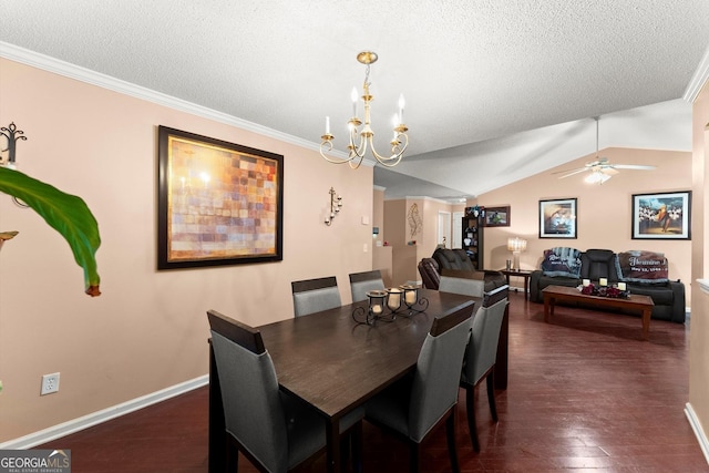8436 Cyprus Ridge Way, Douglasville, GA 30134 - dining area with a textured ceiling, ceiling fan, a chandelier, dark wood-style floors, and vaulted ceiling