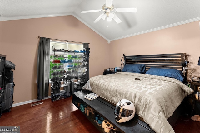 8436 Cyprus Ridge Way, Douglasville, GA 30134 - bedroom featuring hardwood / wood-style flooring, lofted ceiling, baseboards, a ceiling fan, and crown molding