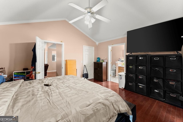 8436 Cyprus Ridge Way, Douglasville, GA 30134 - bedroom featuring dark wood finished floors, vaulted ceiling, a ceiling fan, and ornamental molding