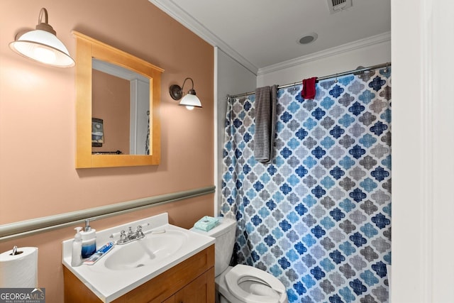 8436 Cyprus Ridge Way, Douglasville, GA 30134 - full bathroom with vanity, toilet, ornamental molding, and curtained shower