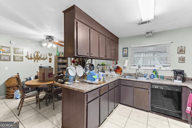 214 Highland Dr, Warner Robins, GA 31088 - kitchen featuring black dishwasher, a sink, light tile patterned floors, and ceiling fan