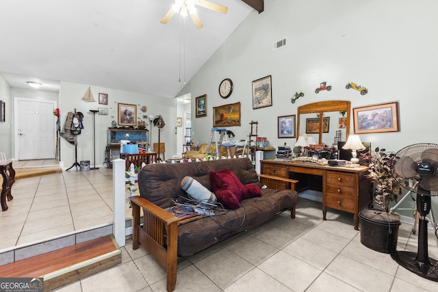 214 Highland Dr, Warner Robins, GA 31088 - living room with light tile patterned floors, high vaulted ceiling, beam ceiling, and ceiling fan