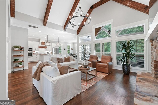 221 Goss Ln, Ball Ground, GA 30107 - living room with high vaulted ceiling, a chandelier, beam ceiling, dark wood-style flooring, and recessed lighting