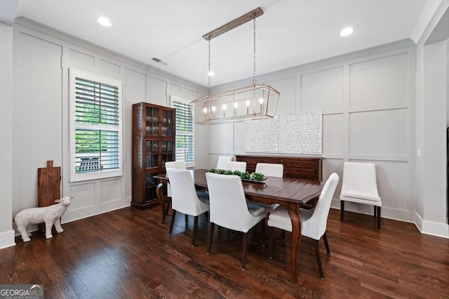 221 Goss Ln, Ball Ground, GA 30107 - dining space featuring a decorative wall, dark wood-style flooring, recessed lighting, a chandelier, and baseboards