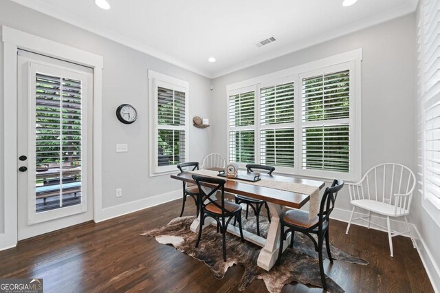 221 Goss Ln, Ball Ground, GA 30107 - dining space with dark wood-style flooring, ornamental molding, and recessed lighting