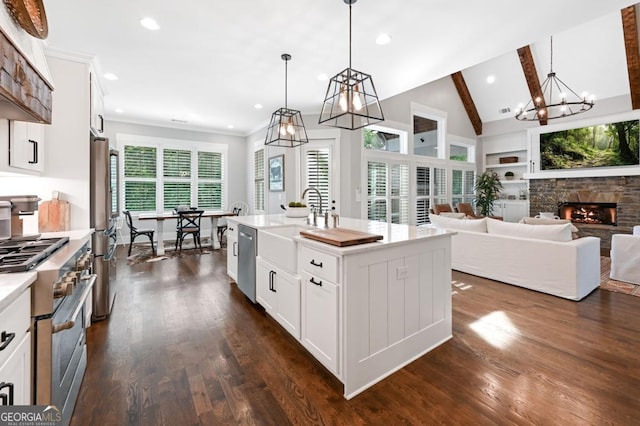 221 Goss Ln, Ball Ground, GA 30107 - kitchen featuring appliances with stainless steel finishes, a chandelier, recessed lighting, light countertops, and dark wood-style floors