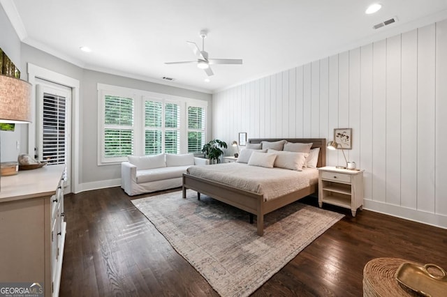 221 Goss Ln, Ball Ground, GA 30107 - bedroom with dark wood-style floors, crown molding, a ceiling fan, and recessed lighting