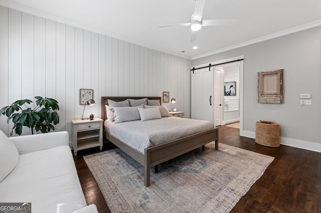 221 Goss Ln, Ball Ground, GA 30107 - bedroom with a barn door, dark wood finished floors, crown molding, ceiling fan, and recessed lighting