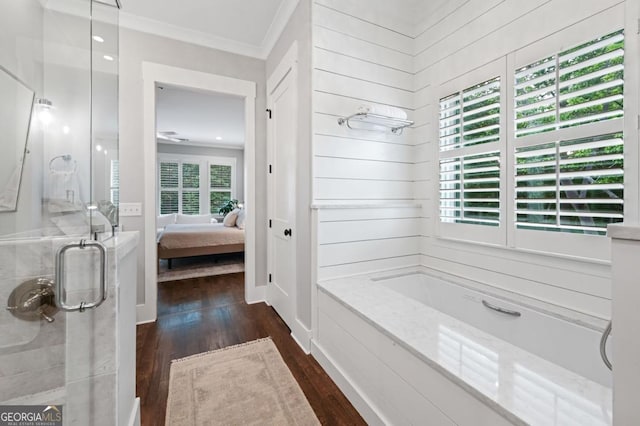 221 Goss Ln, Ball Ground, GA 30107 - bathroom with crown molding, wood finished floors, a shower stall, ensuite bathroom, and a bathtub