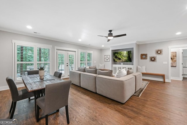 221 Goss Ln, Ball Ground, GA 30107 - living area featuring crown molding, ceiling fan, french doors, wood finished floors, and recessed lighting