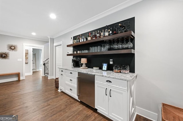 221 Goss Ln, Ball Ground, GA 30107 - indoor dry bar featuring crown molding, stairway, dark wood-type flooring, fridge, and recessed lighting