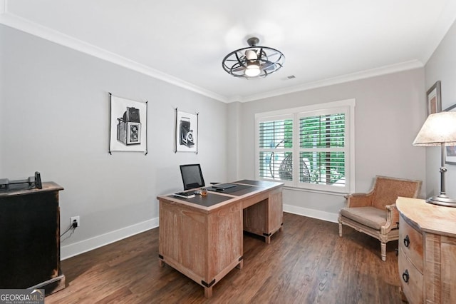 221 Goss Ln, Ball Ground, GA 30107 - office area with a ceiling fan, dark wood-type flooring, and crown molding