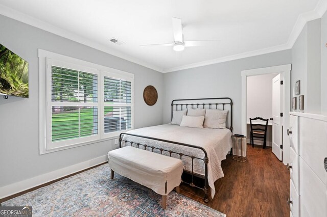 221 Goss Ln, Ball Ground, GA 30107 - bedroom featuring wood finished floors, crown molding, and ceiling fan
