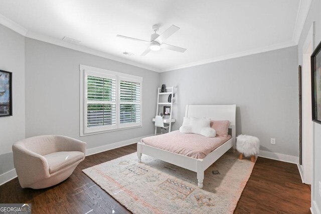 221 Goss Ln, Ball Ground, GA 30107 - bedroom featuring crown molding, dark wood-style flooring, and a ceiling fan