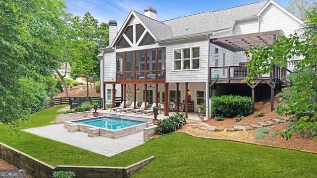 221 Goss Ln, Ball Ground, GA 30107 - back of house with a chimney, a pergola, a patio, a jacuzzi, and a wooden deck